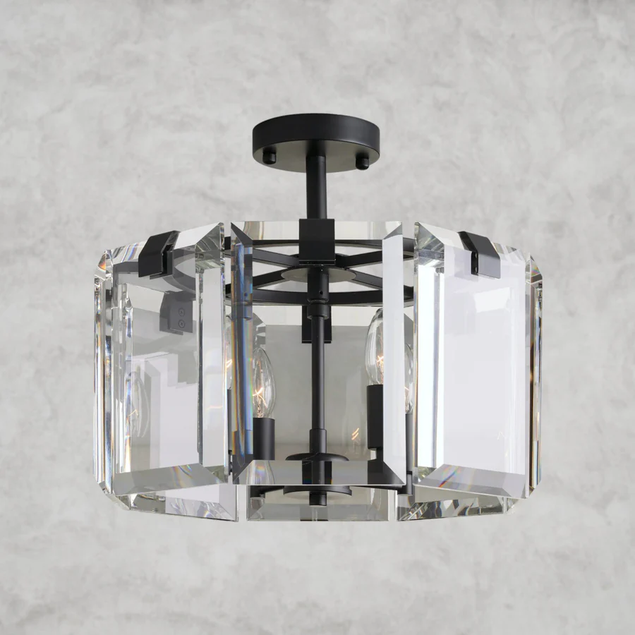 Amaya Crystal Flush Mount Ceiling Light – 4-Light E12 Modern Glass & Iron Fixture for Bedroom, Living Room