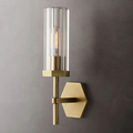 Hexagonal Modern Glass Wall Sconce Light – 1-Light Brass Indoor Wall Lamp, E26 Dimmable Fixture for Bedroom, Hallway, Living Room