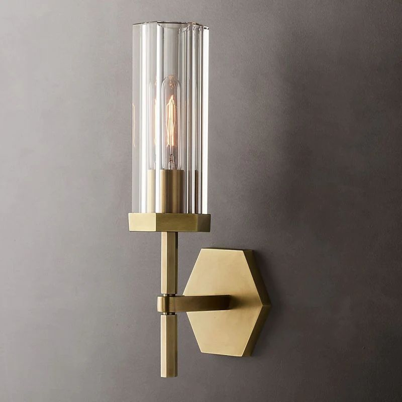 Hexagonal Modern Glass Wall Sconce Light – 1-Light Brass Indoor Wall Lamp, E26 Dimmable Fixture for Bedroom, Hallway, Living Room