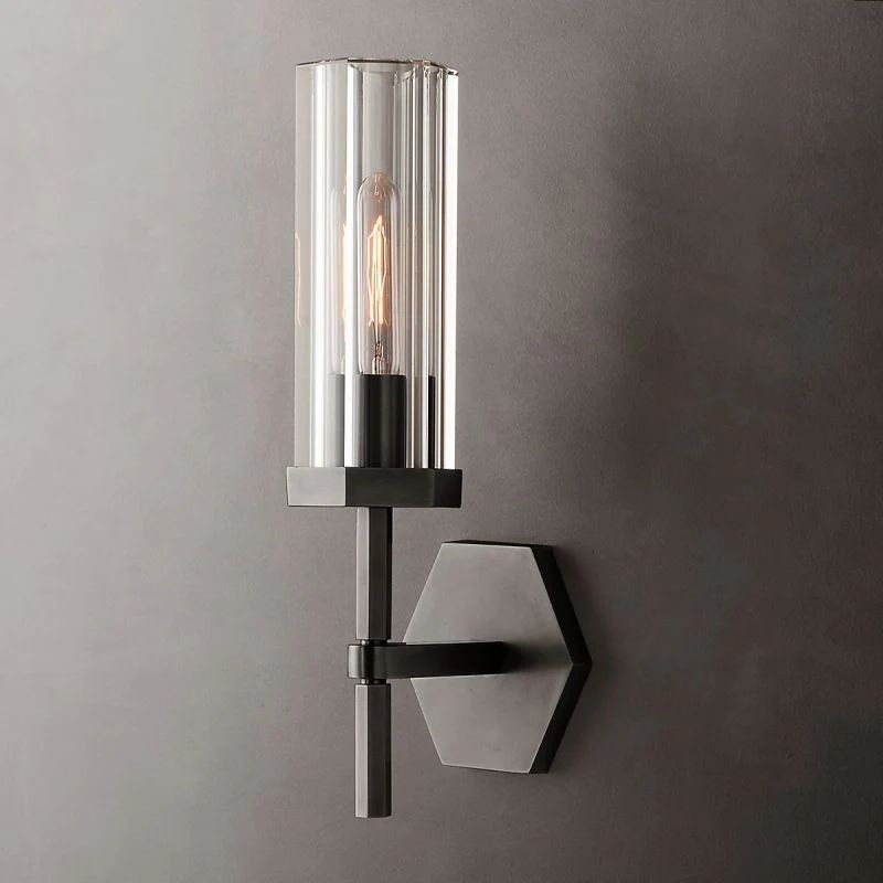 Hexagonal Modern Glass Wall Sconce Light – 1-Light Brass Indoor Wall Lamp, E26 Dimmable Fixture for Bedroom, Hallway, Living Room