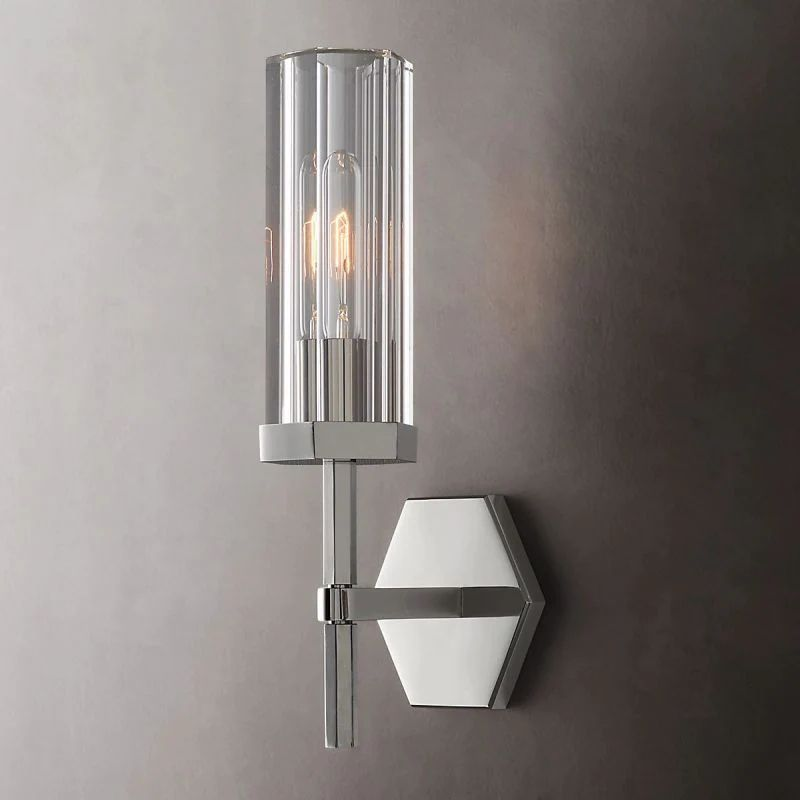 Hexagonal Modern Glass Wall Sconce Light – 1-Light Brass Indoor Wall Lamp, E26 Dimmable Fixture for Bedroom, Hallway, Living Room
