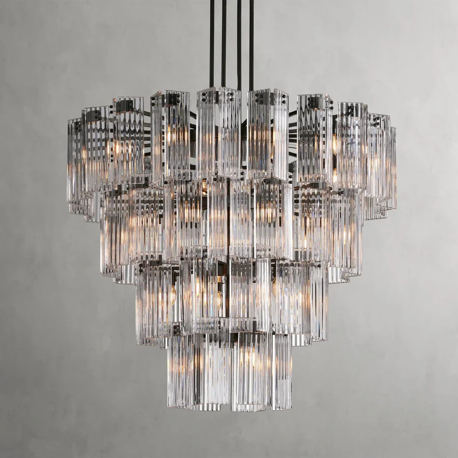 Luxury Glass &amp; Steel Chandelier, Large Multi-Light Fixture, E12 Candelabra Base, Adjustable Rod Hanging, Brass or Bronze Finish