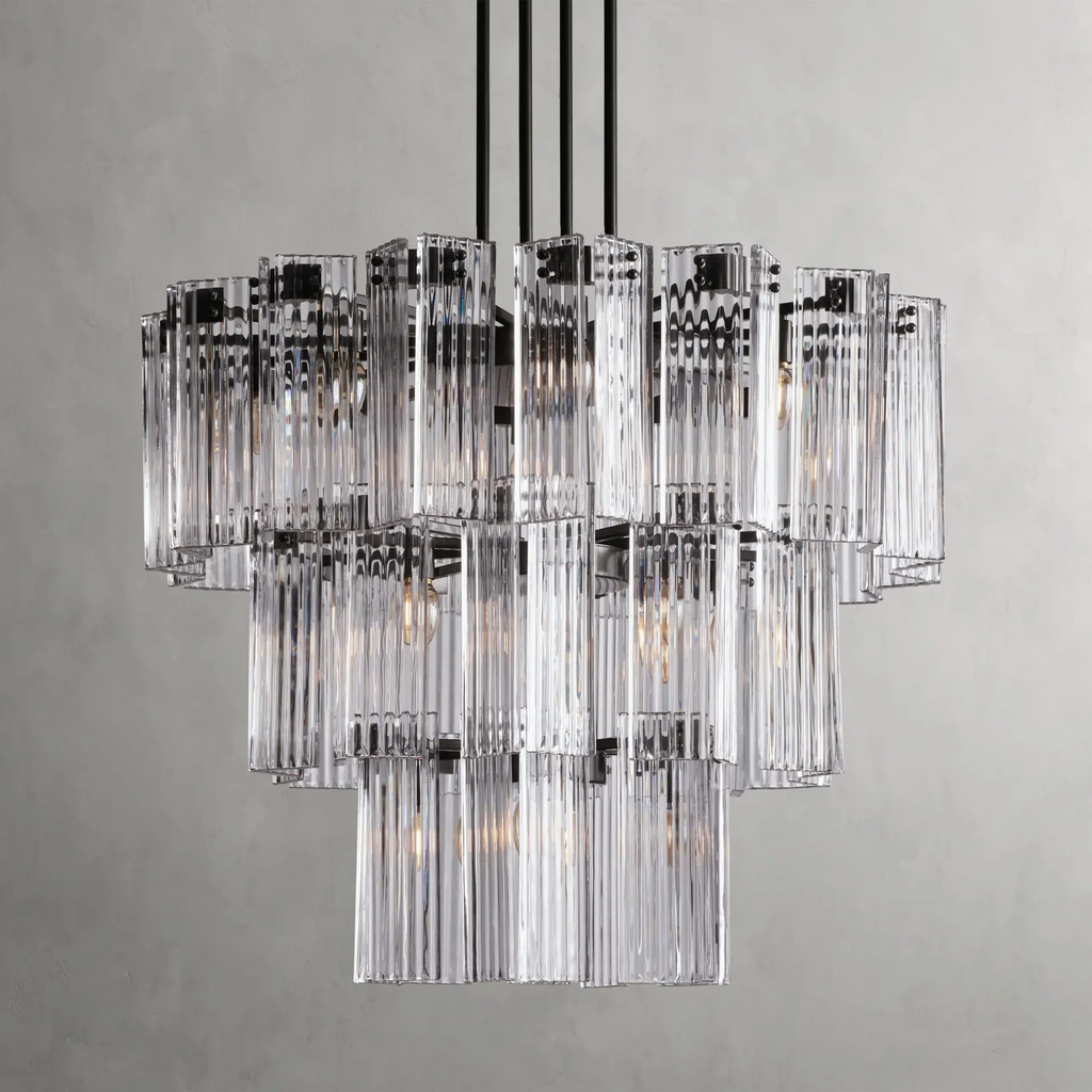 Luxury Glass &amp; Steel Chandelier, Large Multi-Light Fixture, E12 Candelabra Base, Adjustable Rod Hanging, Brass or Bronze Finish