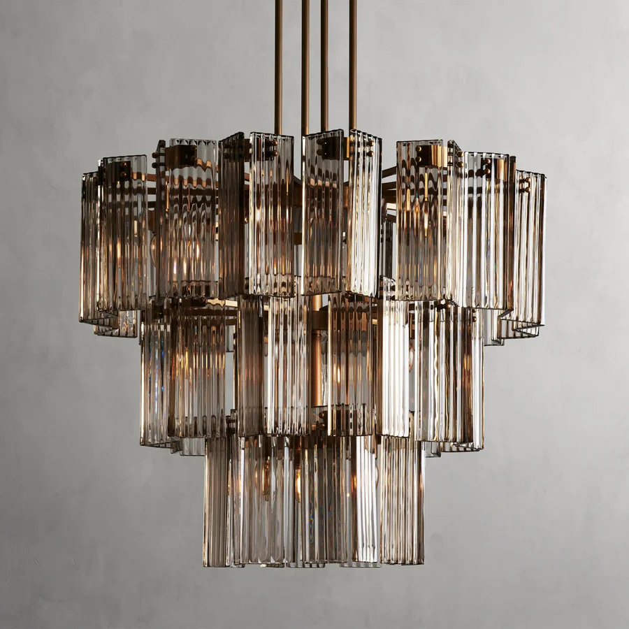 Luxury Glass &amp; Steel Chandelier, Large Multi-Light Fixture, E12 Candelabra Base, Adjustable Rod Hanging, Brass or Bronze Finish