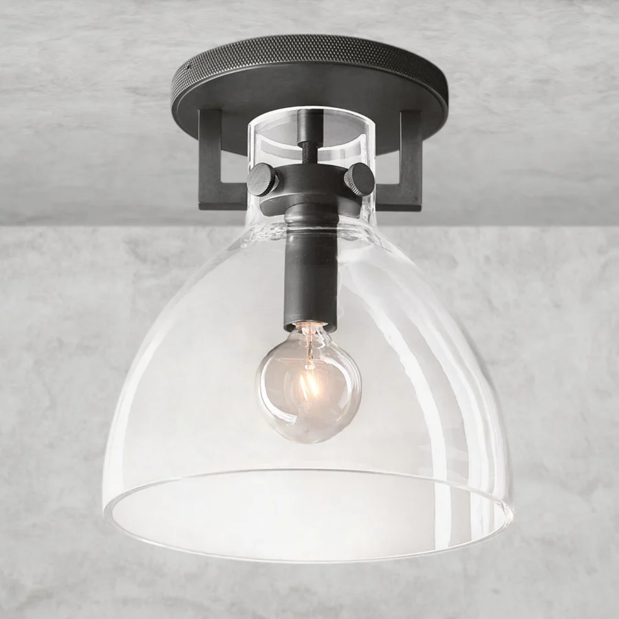 Machinist Glass Cloche Flush Mount – 1-Light E12 Brass or Steel Ceiling Light, Dimmable Indoor Fixture