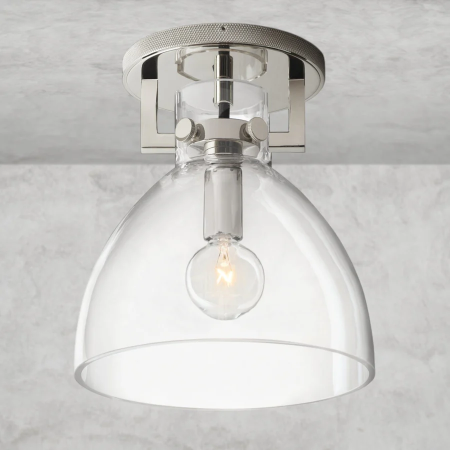 Machinist Glass Cloche Flush Mount – 1-Light E12 Brass or Steel Ceiling Light, Dimmable Indoor Fixture