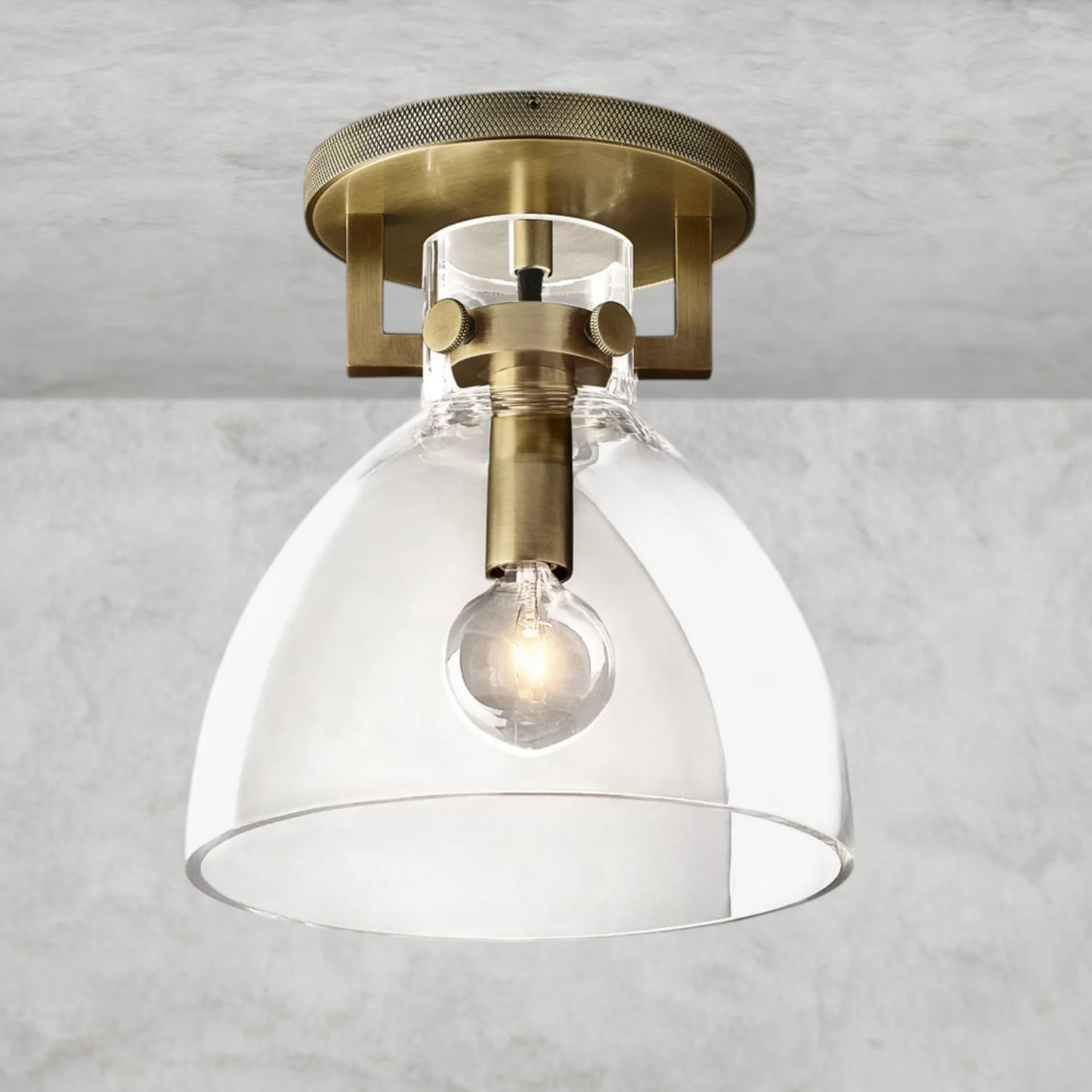 Machinist Glass Cloche Flush Mount – 1-Light E12 Brass or Steel Ceiling Light, Dimmable Indoor Fixture