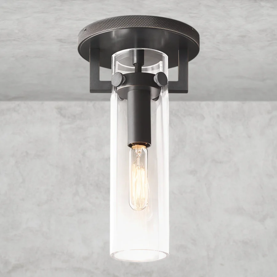 Machinist Glass Cylinder Flush Mount – 1-Light E12 Brass or Steel Ceiling Light, Dimmable Bathroom & Hallway Fixture