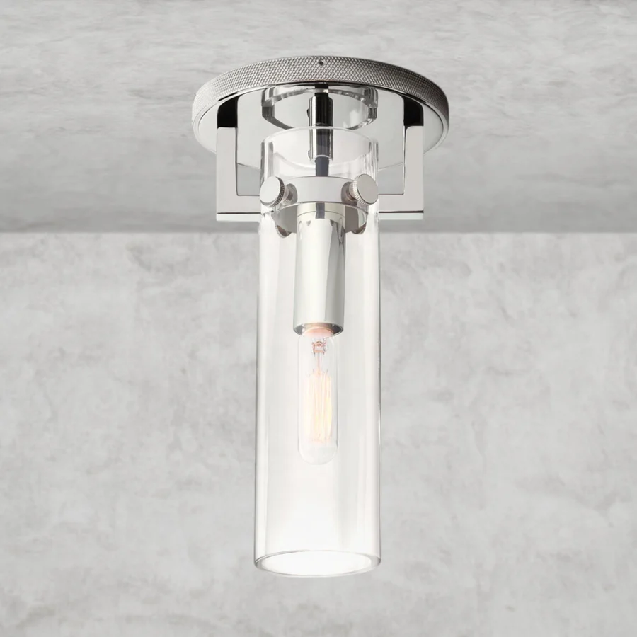 Machinist Glass Cylinder Flush Mount – 1-Light E12 Brass or Steel Ceiling Light, Dimmable Bathroom & Hallway Fixture