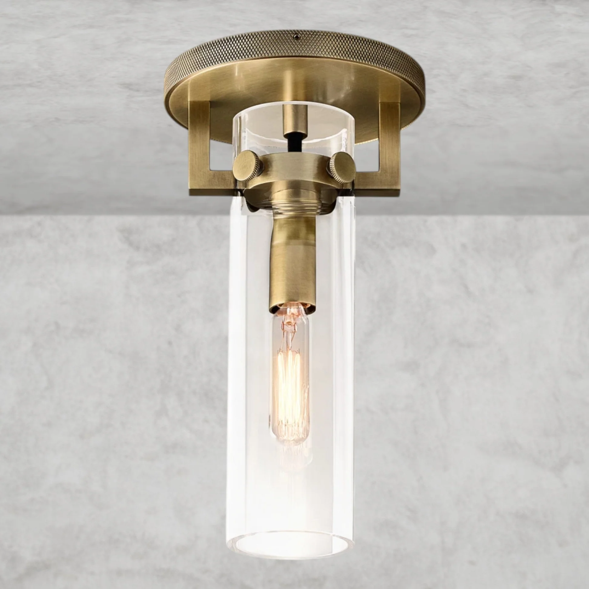 Machinist Glass Cylinder Flush Mount – 1-Light E12 Brass or Steel Ceiling Light, Dimmable Bathroom & Hallway Fixture