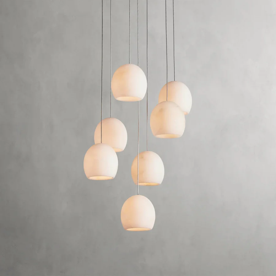 Modern Alabaster Multi-Light Chandelier, 3 / 7 / 15 / 36 Light Pendant Fixture, Natural Stone Shades, Adjustable Cable Hanging, LED Included