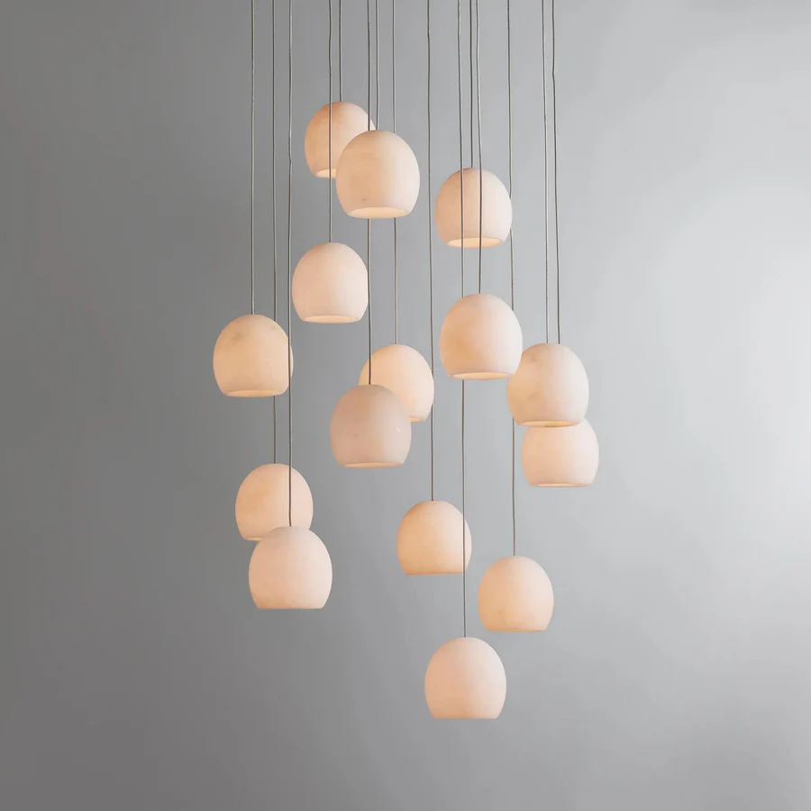 Modern Alabaster Multi-Light Chandelier, 3 / 7 / 15 / 36 Light Pendant Fixture, Natural Stone Shades, Adjustable Cable Hanging, LED Included