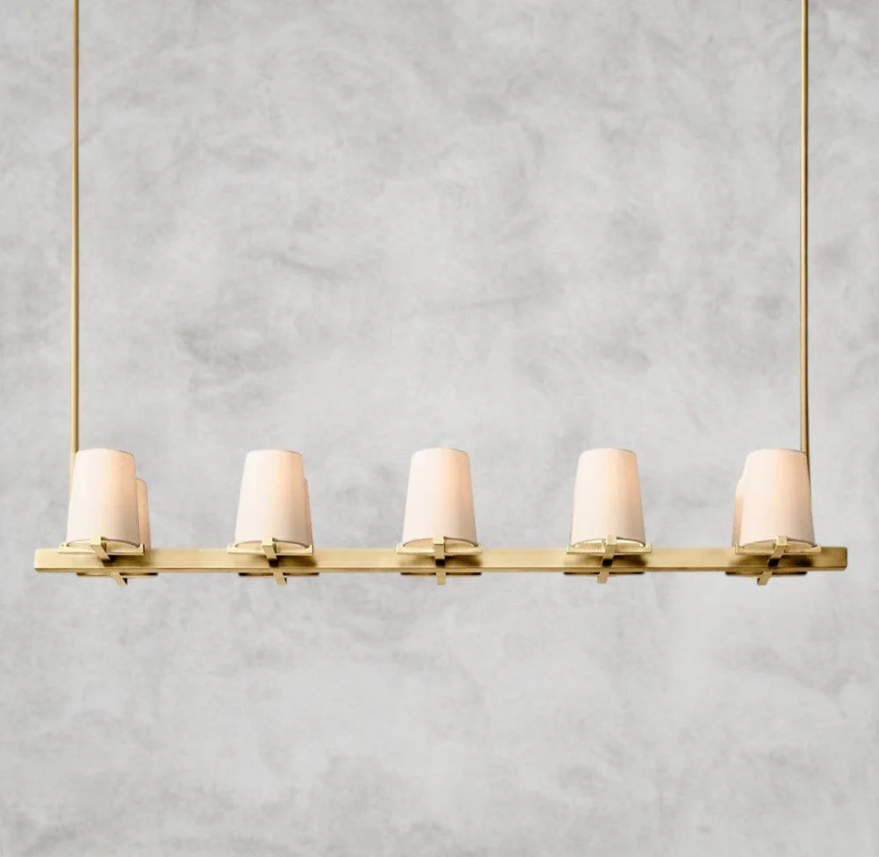 Modern Solid Brass Linear Chandelier, 49  60 Multi-Light Fixture with Fabric Shades, E12 LED Included, Adjustable Rod Hanging, Dimmable Ceiling Light