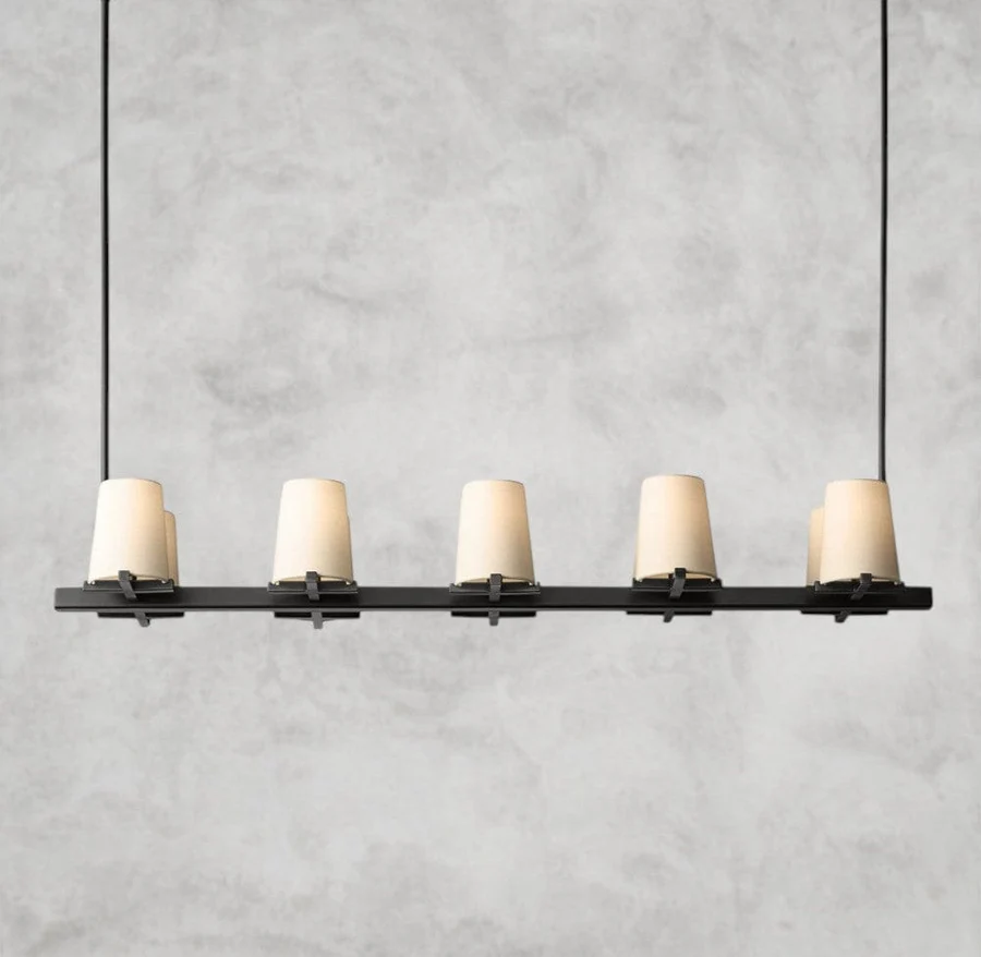 Modern Solid Brass Linear Chandelier, 49  60 Multi-Light Fixture with Fabric Shades, E12 LED Included, Adjustable Rod Hanging, Dimmable Ceiling Light